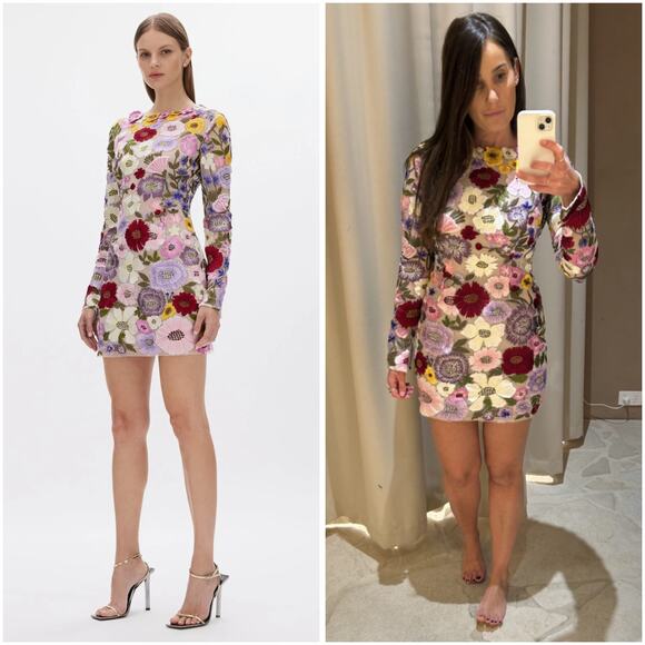 Rachel Gilbert Floral Embroidered Nya Long Sleeve Cocktail Mini Dress 6 US - Picture 2 of 12